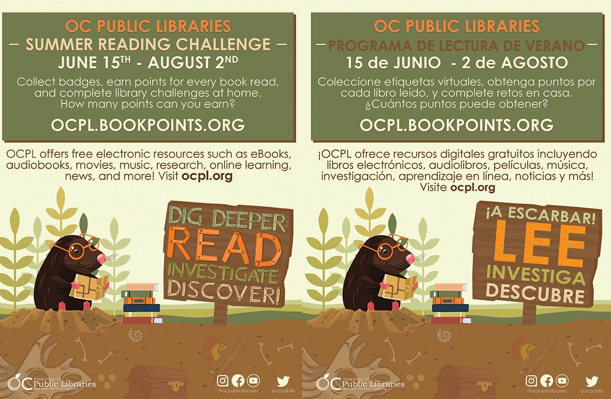 Orange County summer reading program flyers english & spanish